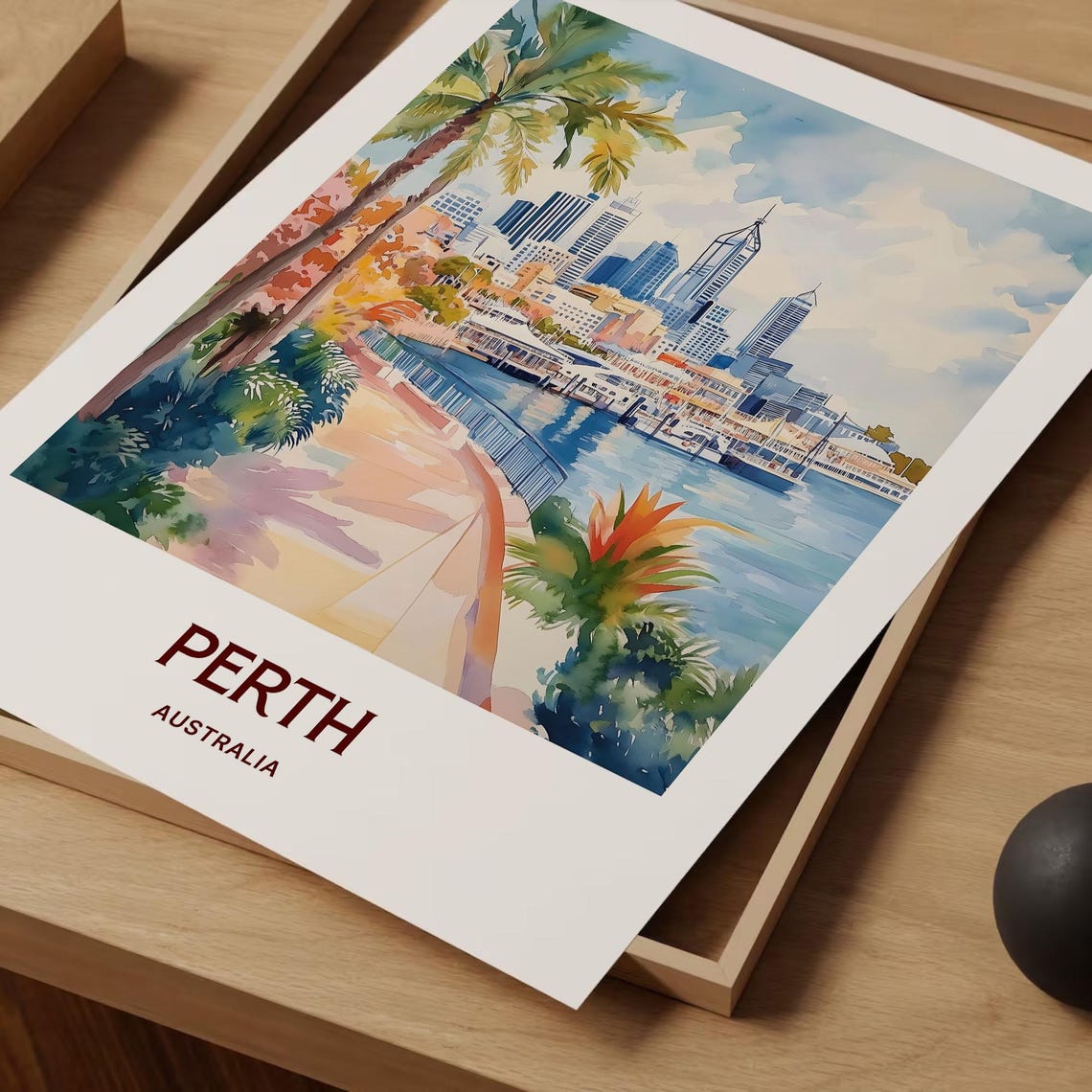 Perth Skyline Waterfront Swan River Watercolor Travel Poster - Image 2