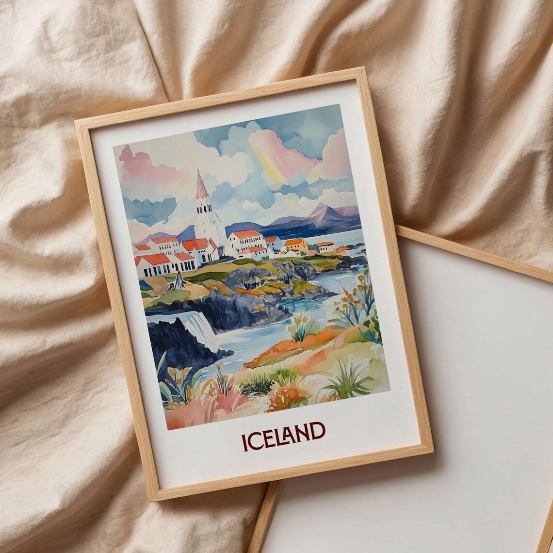 Iceland Coastal Church Waterfall Mountains Watercolor Travel Art Poster - Image 3
