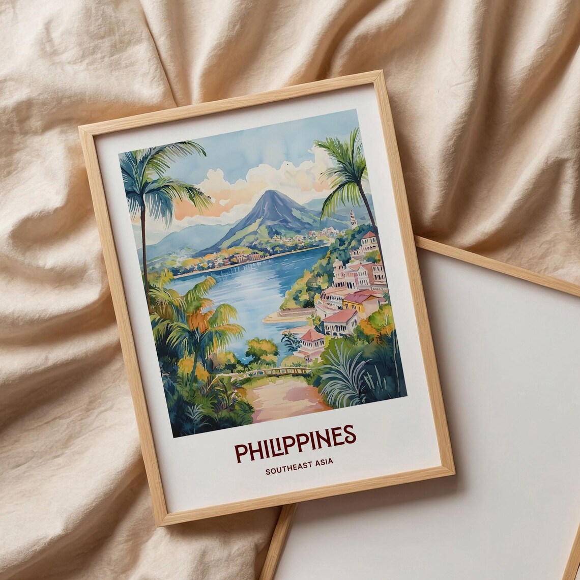 Philippines Volcano Lake Tropical Town Watercolor Travel Poster - Image 3