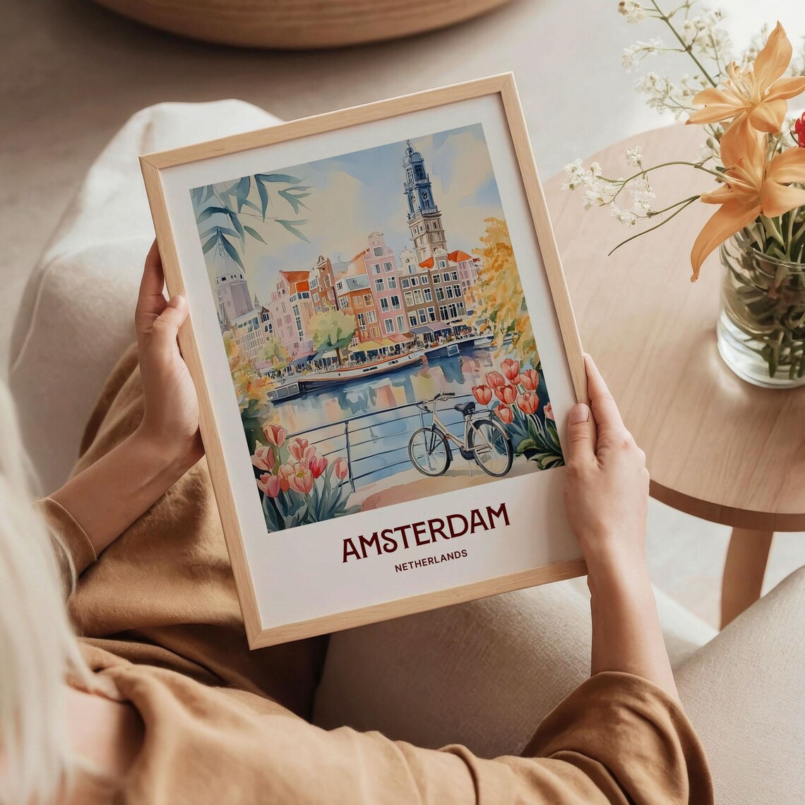 Amsterdam Netherlands Canal Bike Tulips Watercolor Travel Poster - Image 5