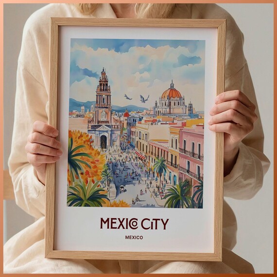 Mexico City Mexico Colonial Plaza Church Towers Watercolor Poster