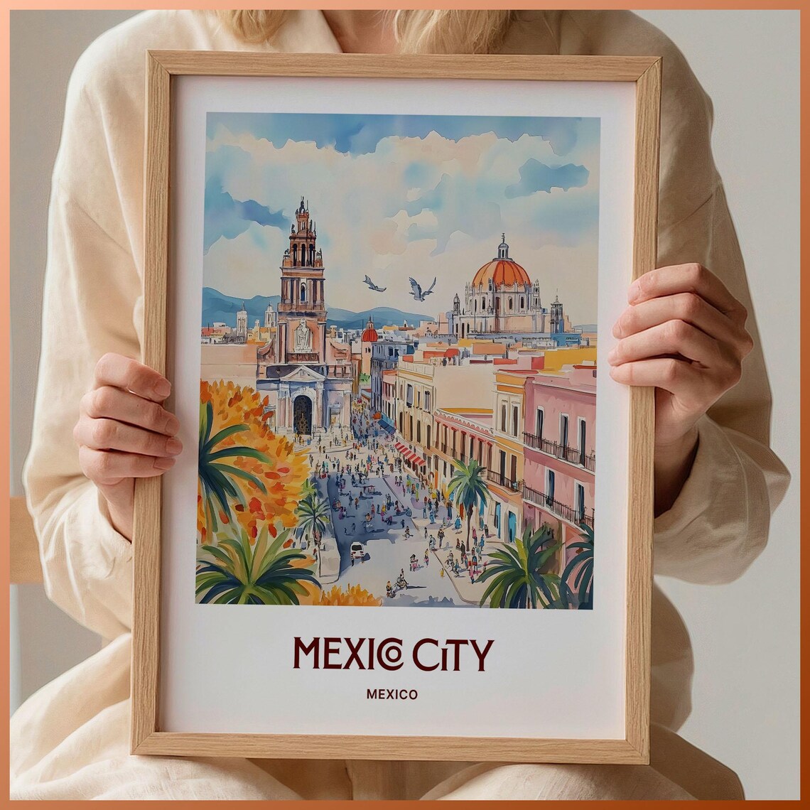 Mexico City Mexico Colonial Plaza Church Towers Watercolor Poster