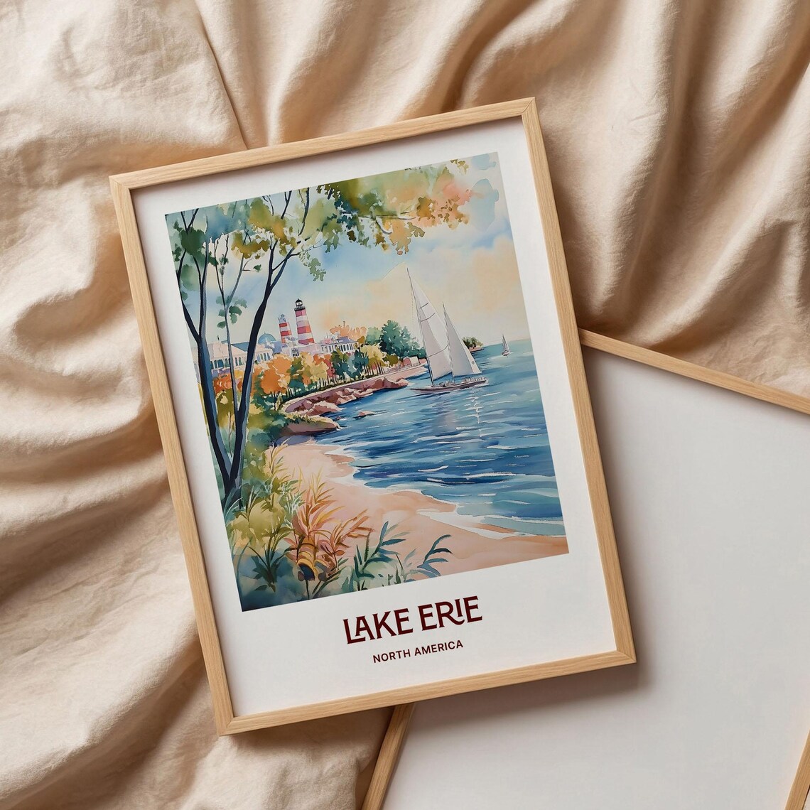 Lake Erie North America Lighthouse Sailboat Watercolor Shore Poster - Image 3