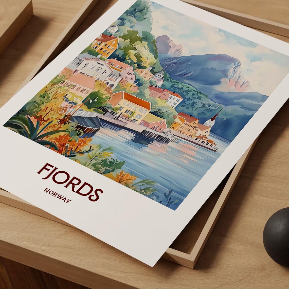 Fjords Norway Pastel Fjord Village Church Mountain Scene Poster - Image 2