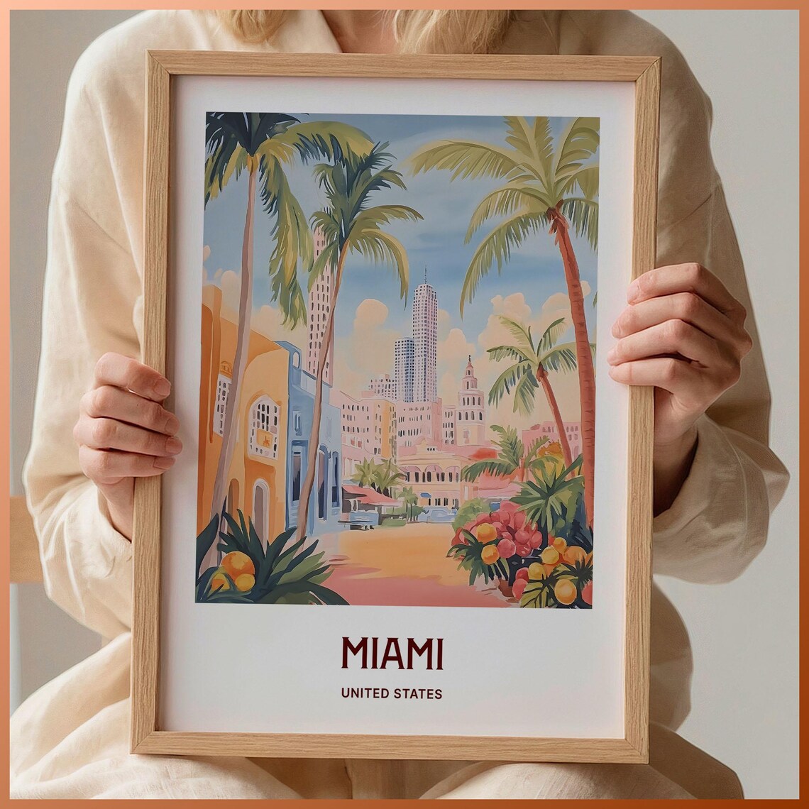 Miami United States Pastel Art Deco Street Palm Scene Poster
