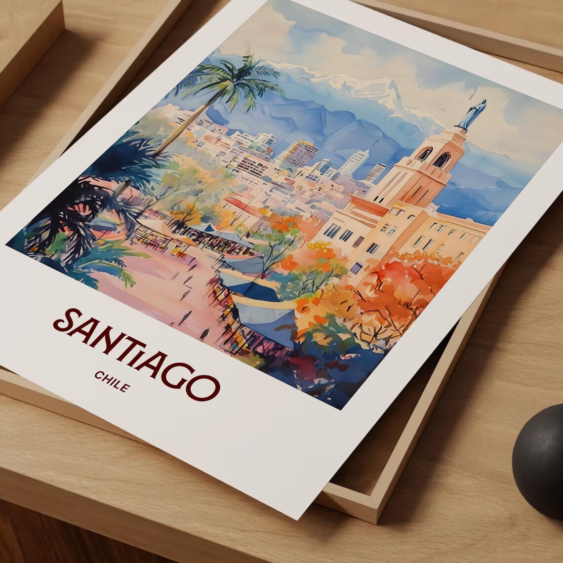 Santiago Chile Andes Mountain Cityscape Watercolor Travel Poster - Image 2