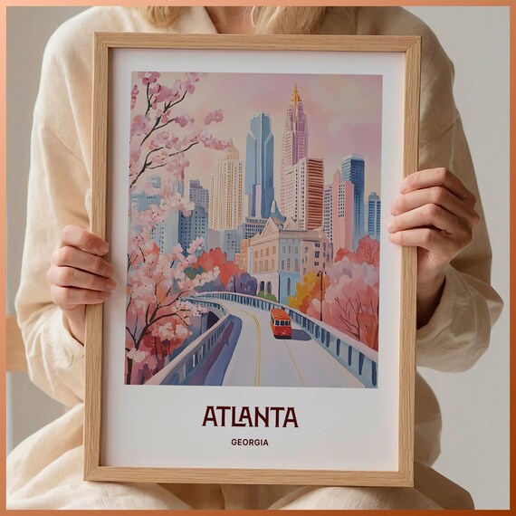 Atlanta Georgia Skyline Cherry Blossoms Bridge Watercolor Travel Poster