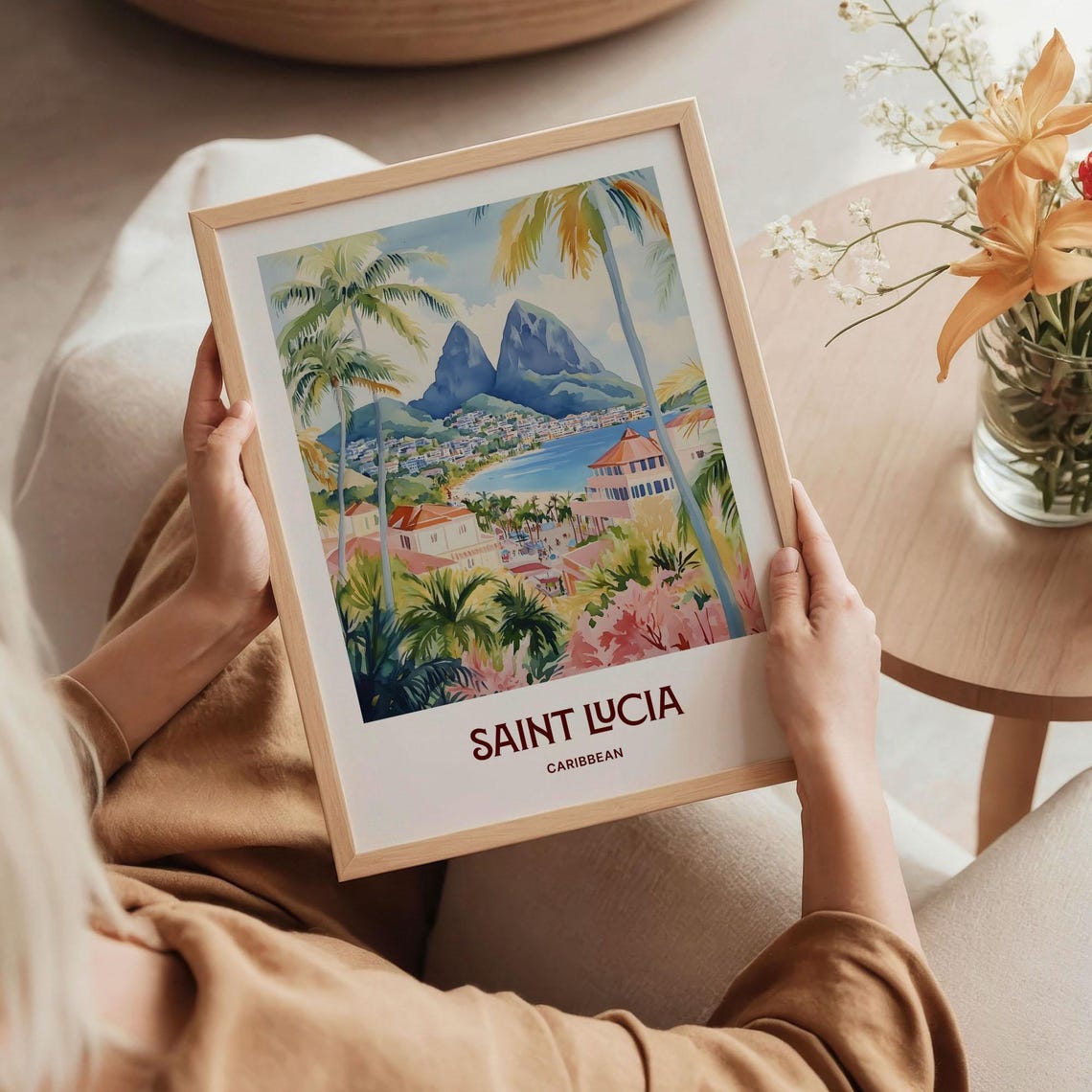 Saint Lucia Caribbean Pitons Beach Palms Watercolor Travel Poster - Image 5