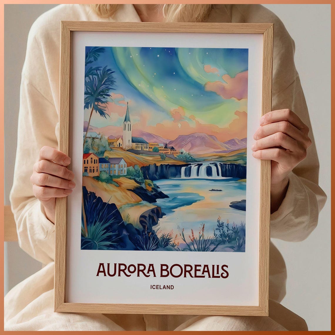 Aurora Borealis Iceland Northern Lights Watercolor Travel Poster