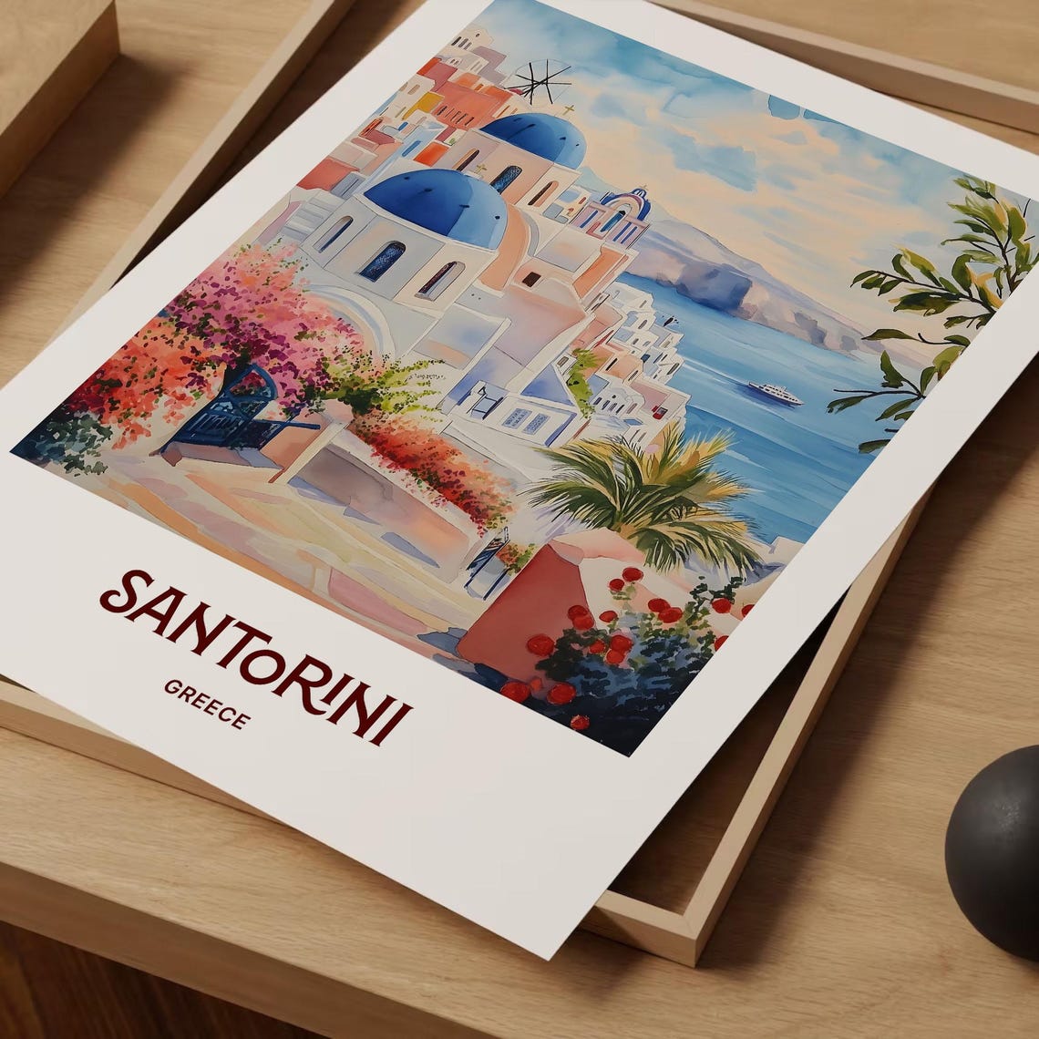 Santorini Blue Domes Caldera Greece Watercolor Travel Poster - Image 2