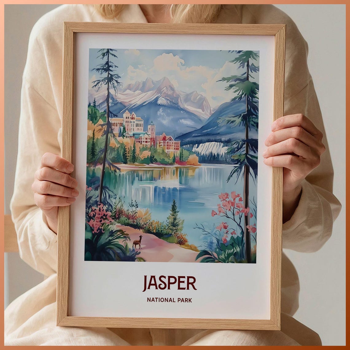 Jasper National Park Alpine Lake Watercolor Poster Mountain Lodge