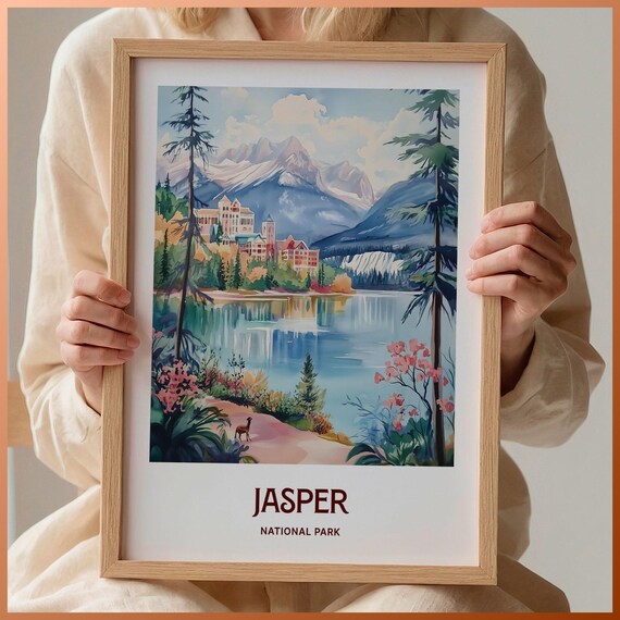 Jasper National Park Alpine Lake Watercolor Poster Mountain Lodge