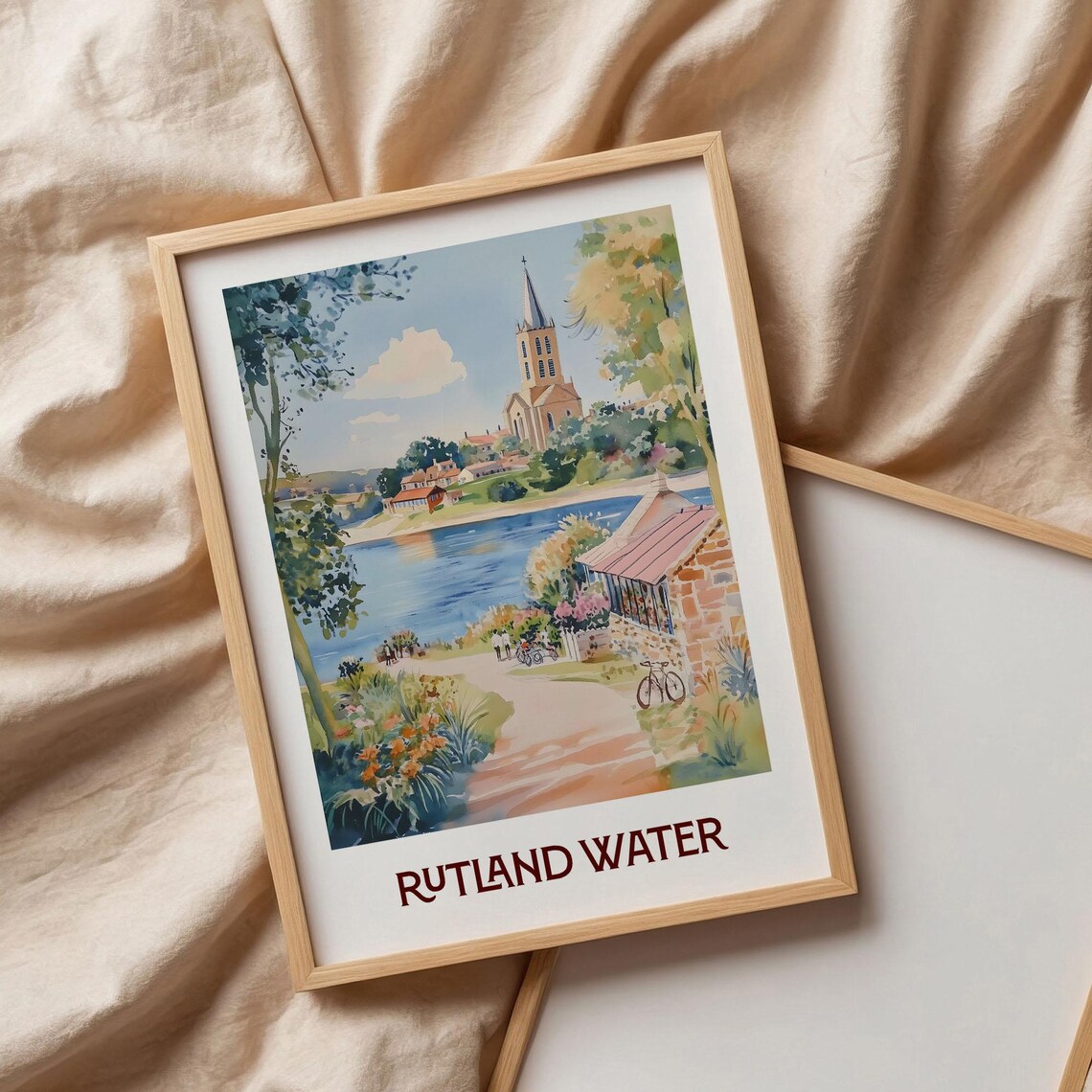 Rutland Water Lakeside Church Path Watercolor England Travel Poster - Image 3