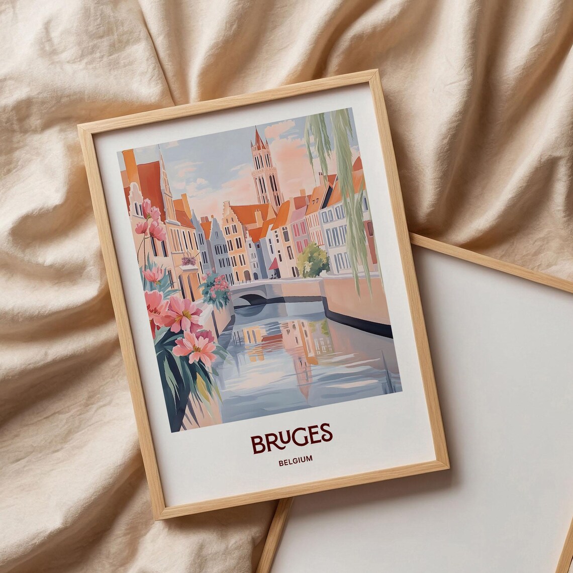 Bruges Belgium Pastel Canal Floral Cityscape Watercolor Poster - Image 3
