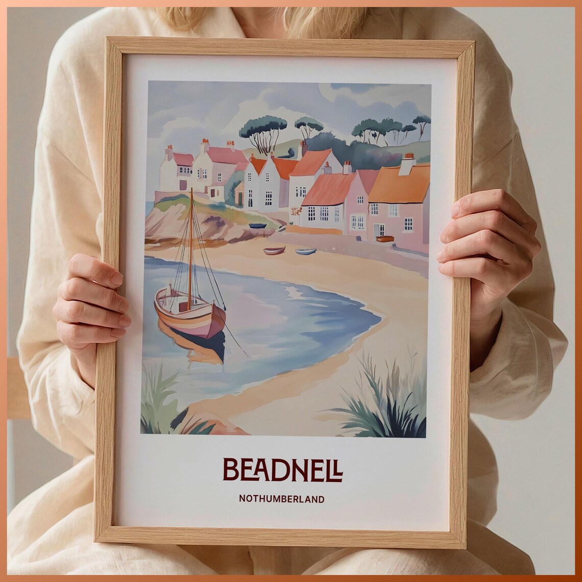 Beadnell Northumberland Pastel Fishing Village Beach Scene Poster