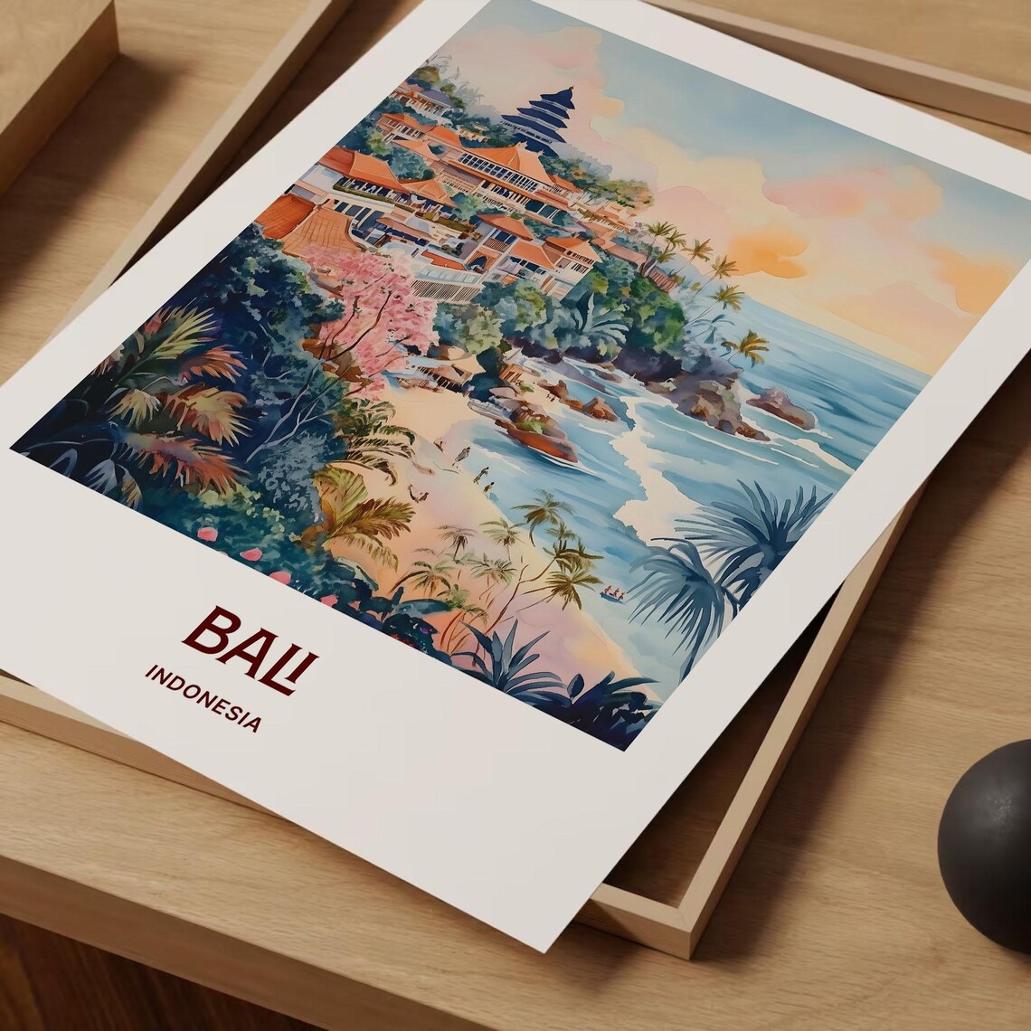 Bali Indonesia Watercolor Temple Beach Cove Tropical Coastline Art Poster - Image 2