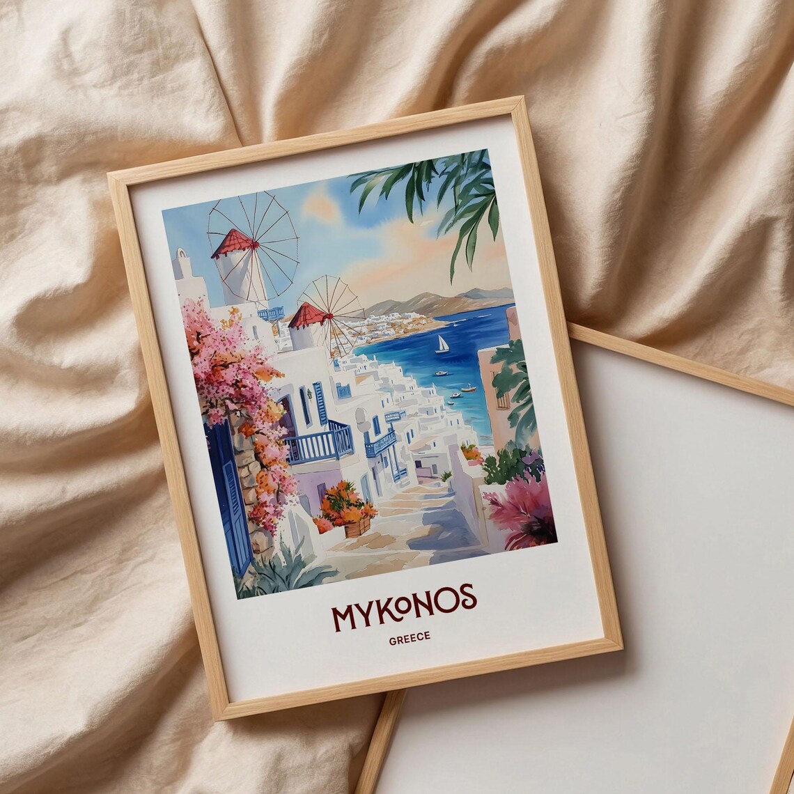 Mykonos Greece Windmills Whitewashed Town Watercolor Island Travel Poster - Image 3