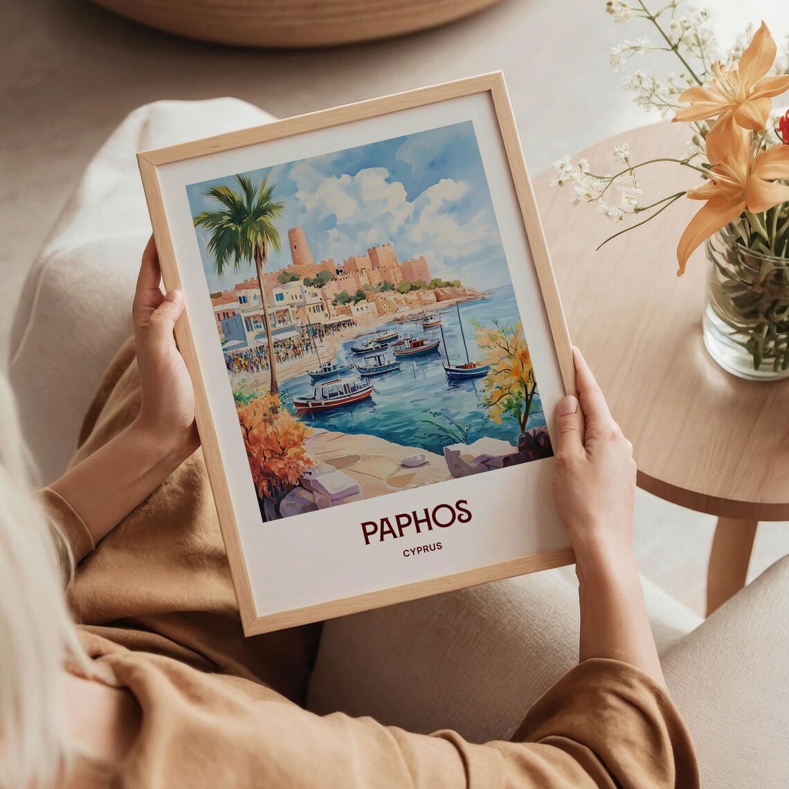 Paphos Cyprus Harbor Boats Castle Palm Watercolor Travel Poster - Image 5