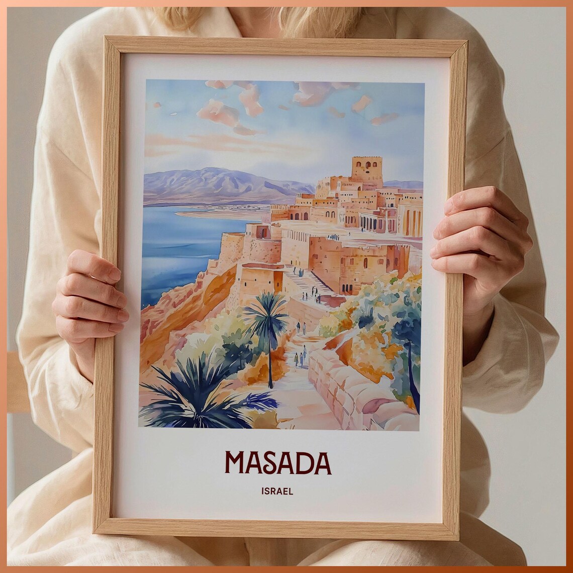 Masada Israel Desert Fortress Cliffs Watercolor Travel Poster