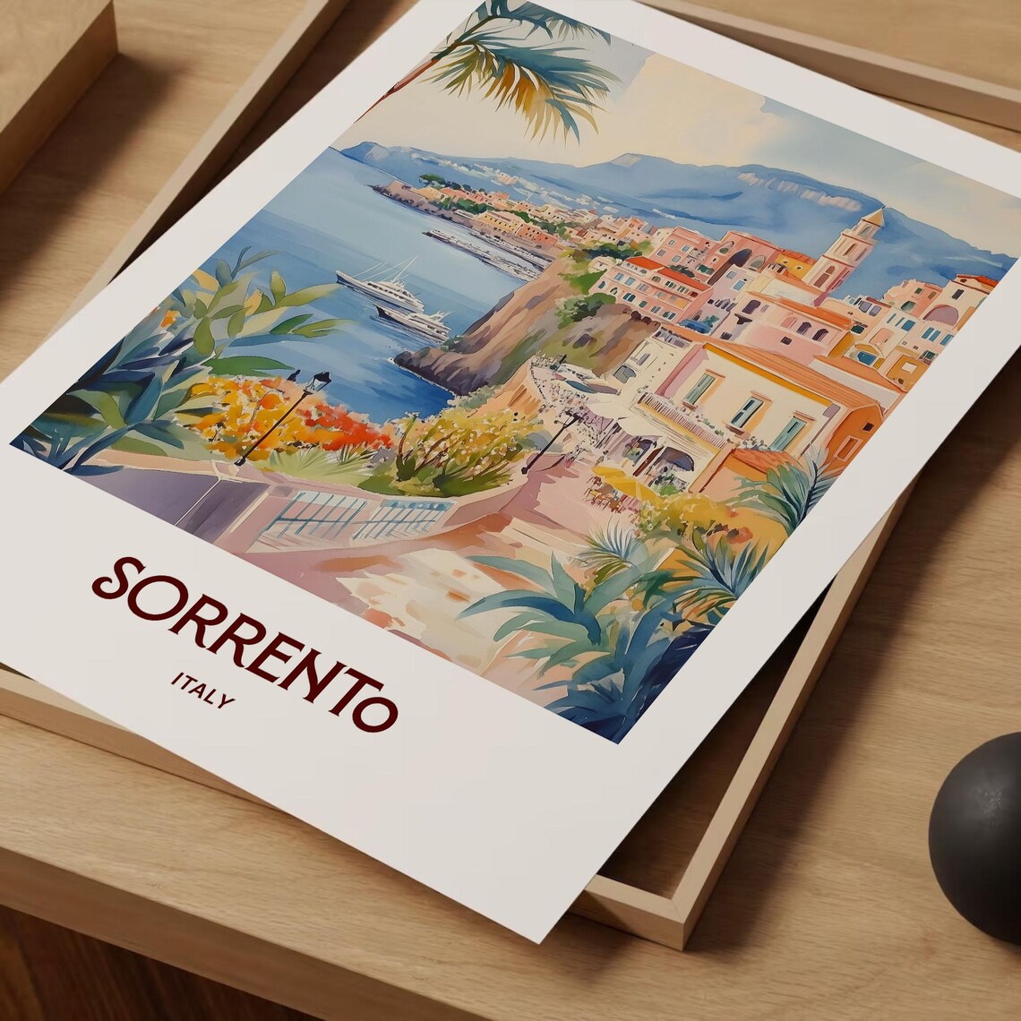 Sorrento Italy Coastal Cliffs Bay Watercolor Travel Poster Art - Image 2
