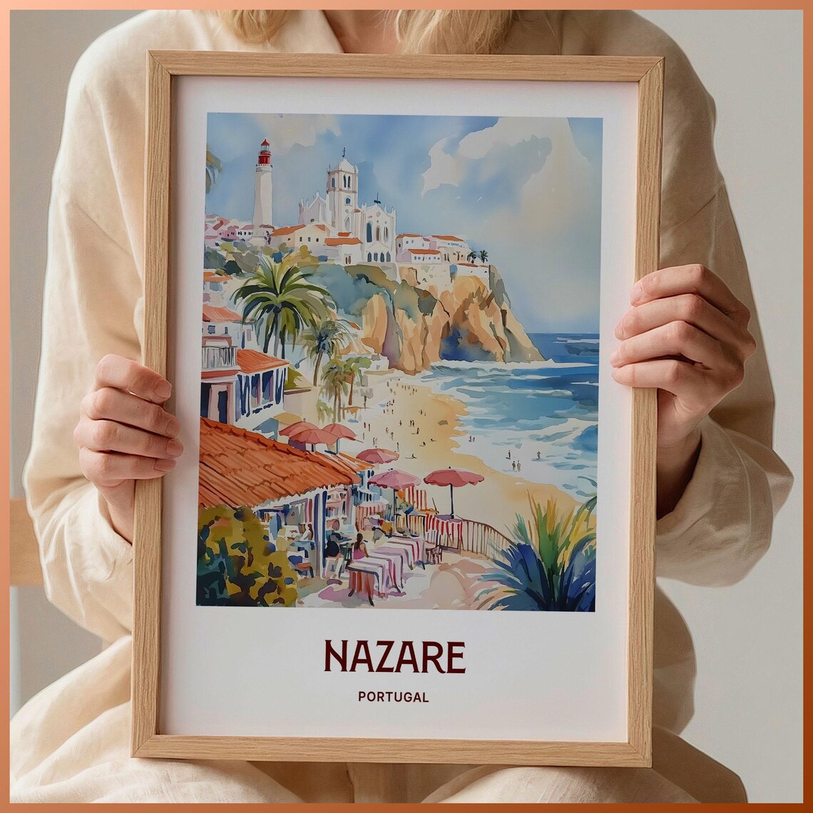 Nazare Portugal Pastel Beach Cliff Lighthouse Cityscape Poster