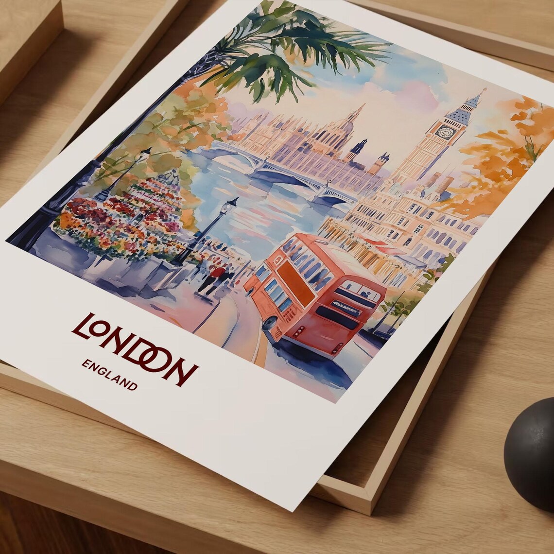 London England Big Ben Westminster Red Bus River Watercolor Travel Poster - Image 2