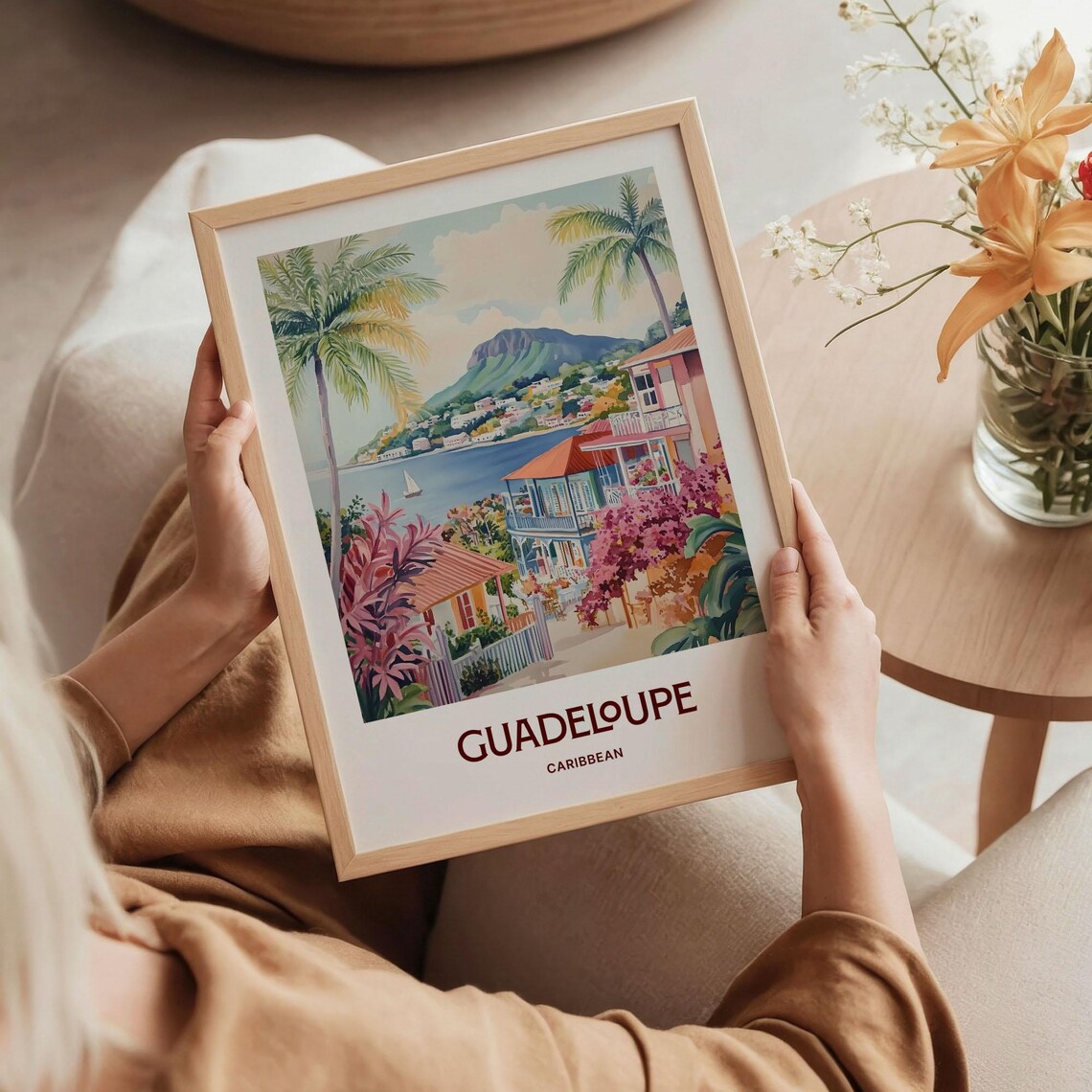 Guadeloupe Caribbean Watercolor Bay Sailboats Hillside Town Flower Art Poster - Image 5