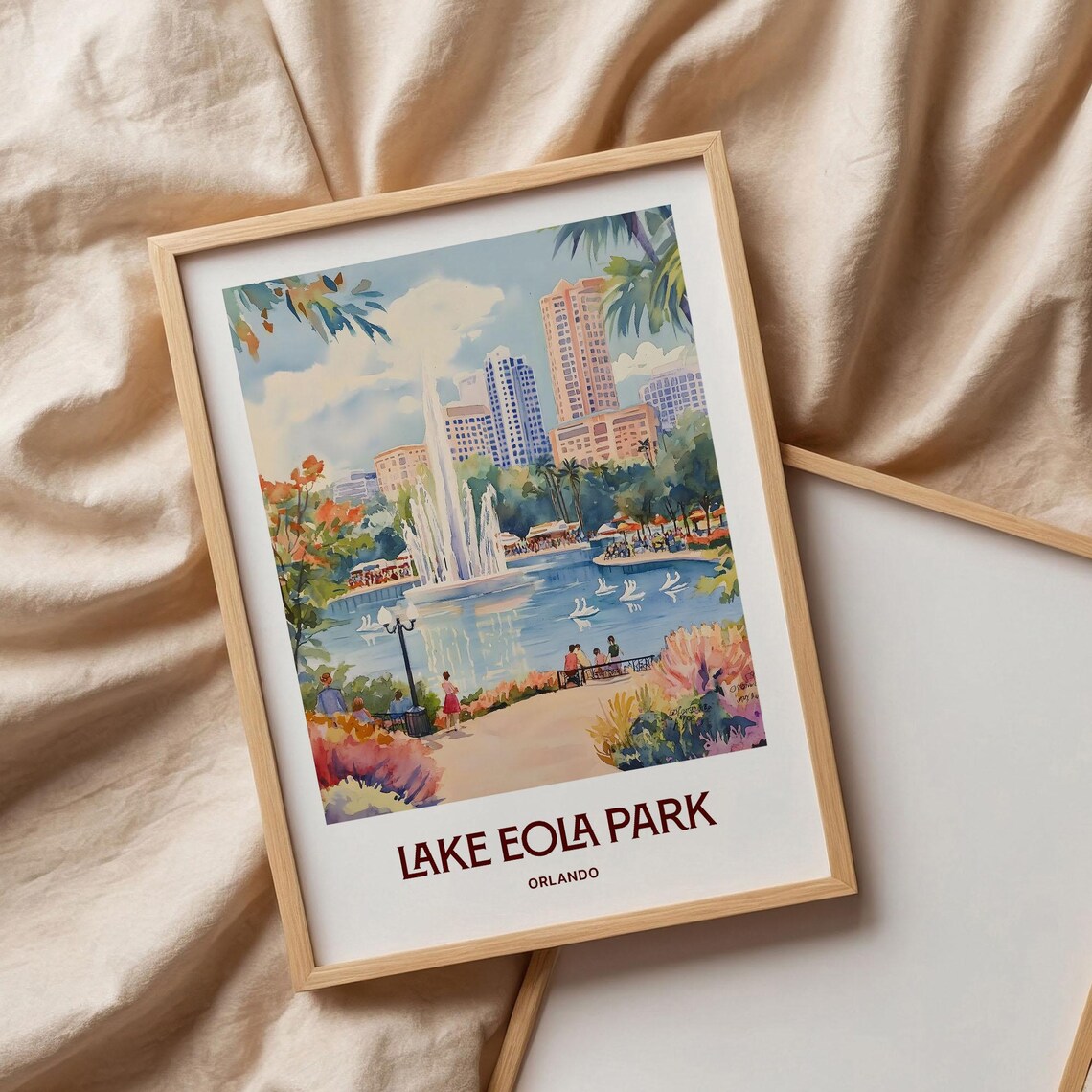 Lake Eola Park Orlando Watercolor Swan Fountain City Skyline Art Poster - Image 3