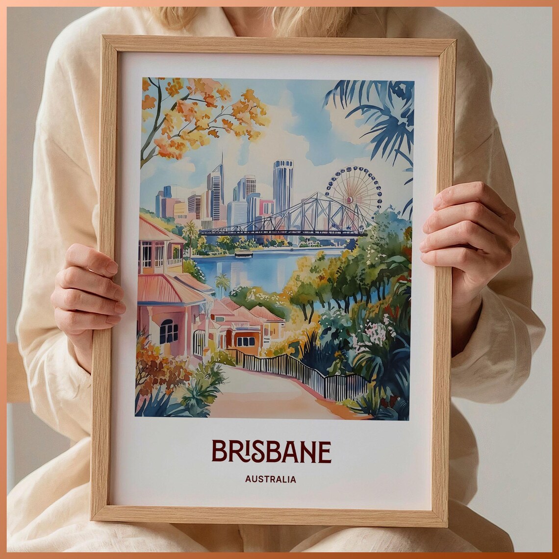 Brisbane Australia River Story Bridge Watercolor City Poster