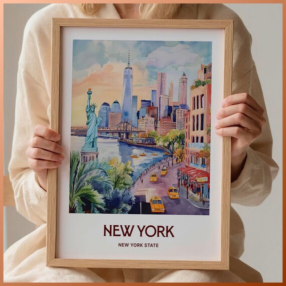 New York City Liberty Skyline Watercolor Vintage Travel Poster Art