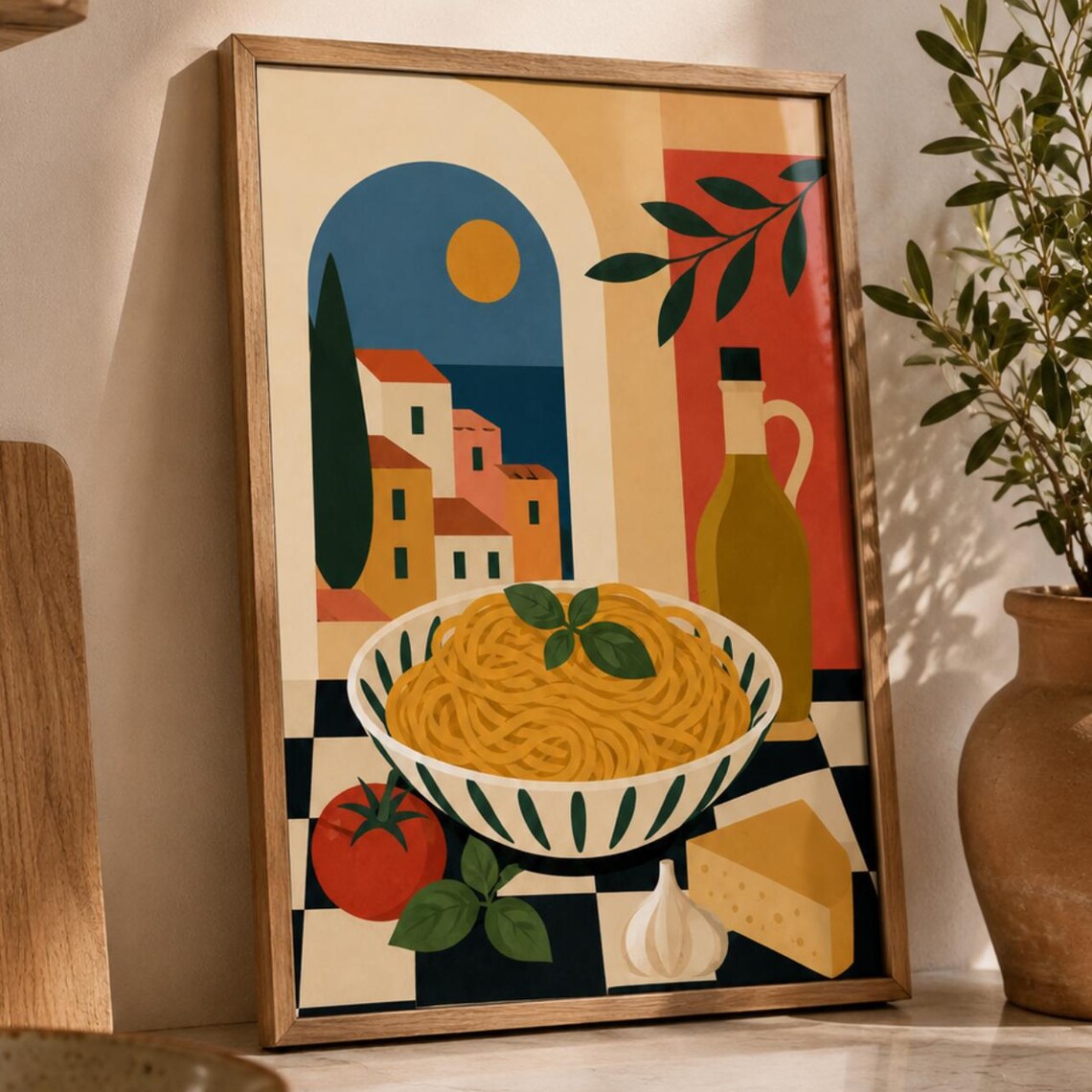 Mediterranean Pasta Bowl Illustration Italian Kitchen Sunset Art Print
