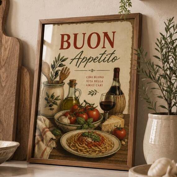 Buon Appetito Italian Kitchen Poster Pasta Wine Rustic Wall Decor