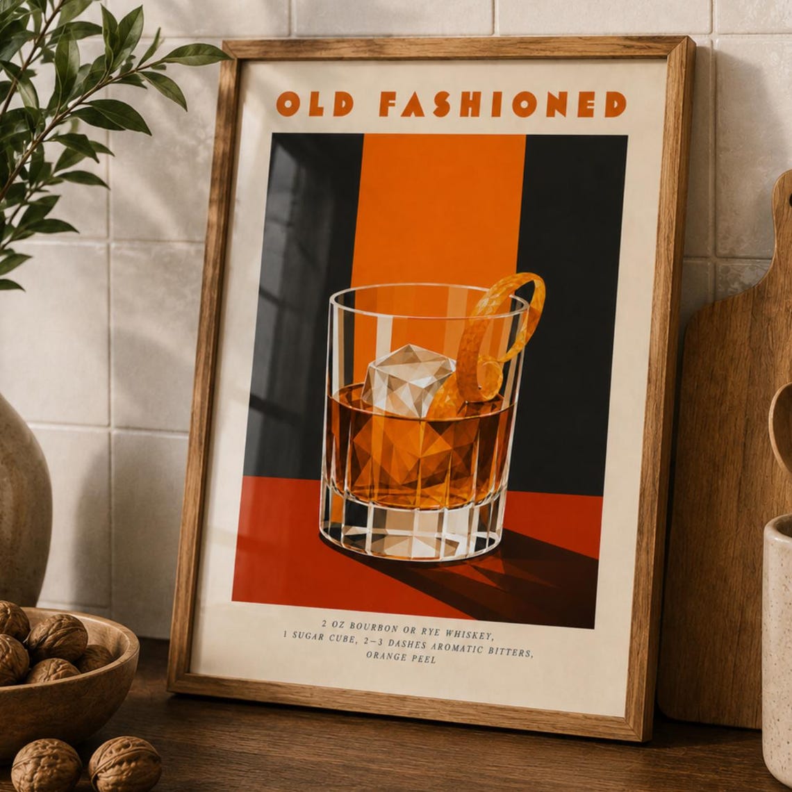 Old Fashioned Whiskey Cocktail Recipe Retro Bar Kitchen Wall Poster