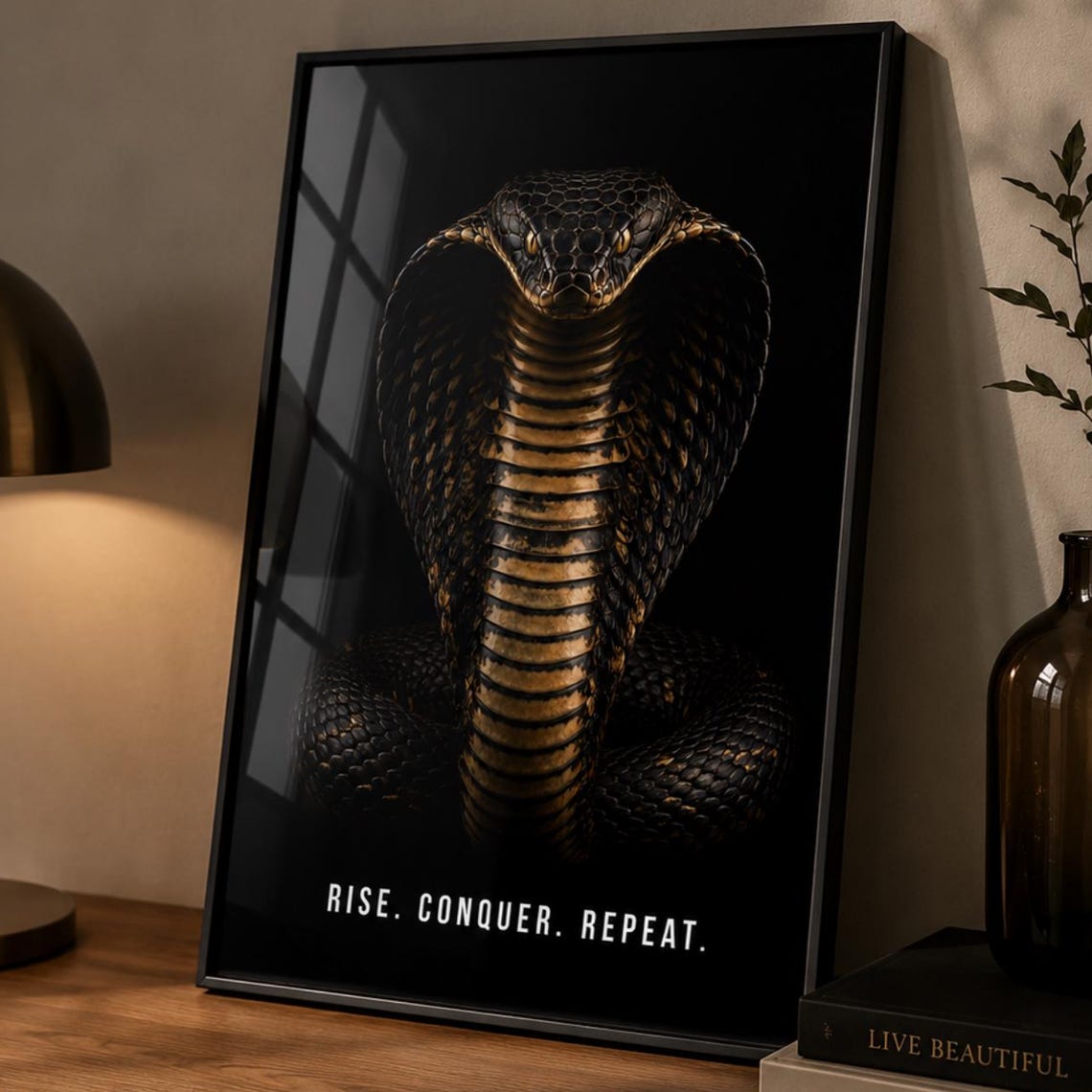 Black Cobra Snake Rise Conquer Repeat Motivational Art Poster