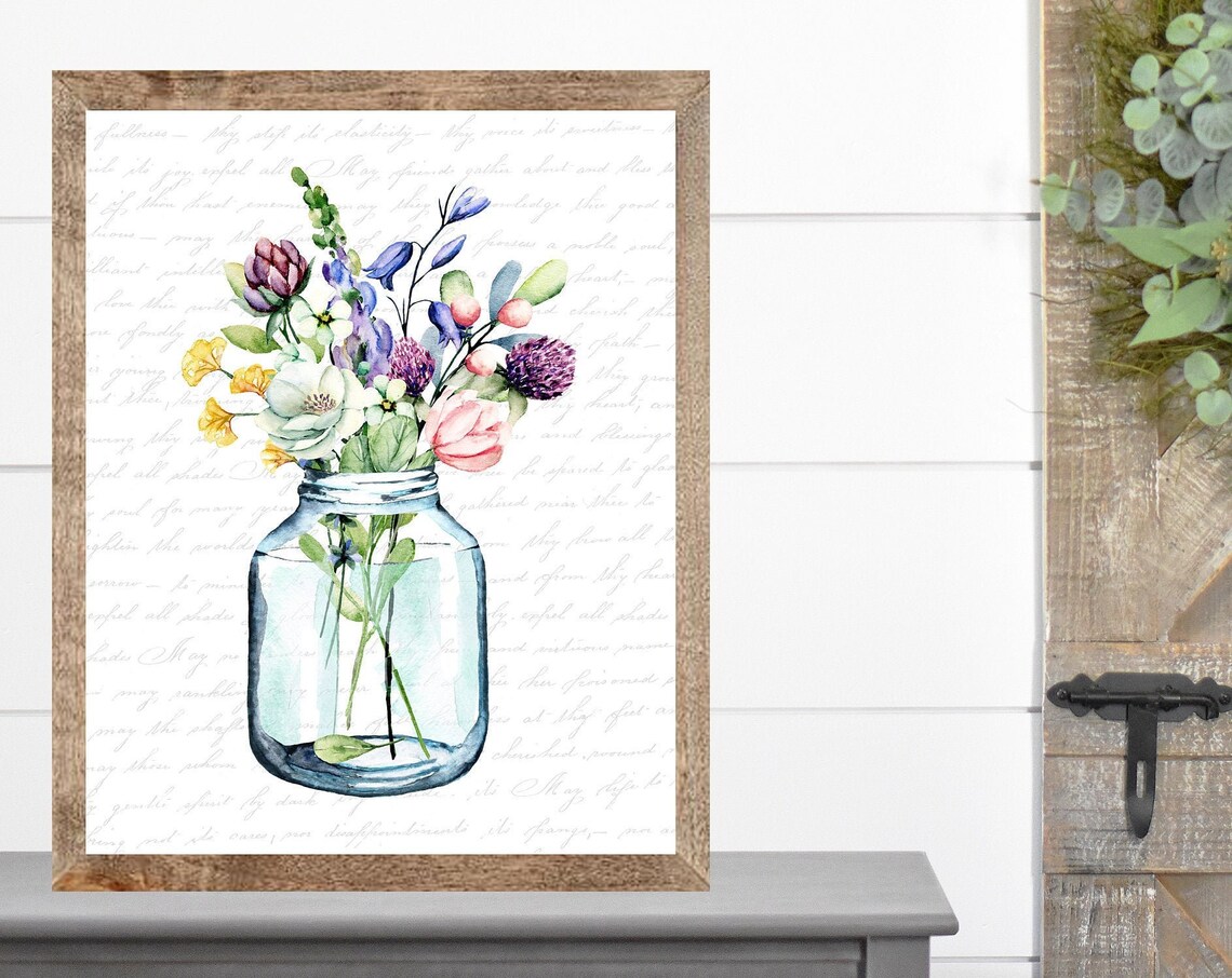 Multi Color Wildflower Bouquet in Clear Glass Mason Jar Poster