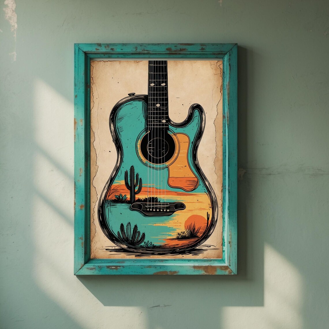 Desert Sunset Acoustic Guitar Southwestern Cactus Music Art Poster