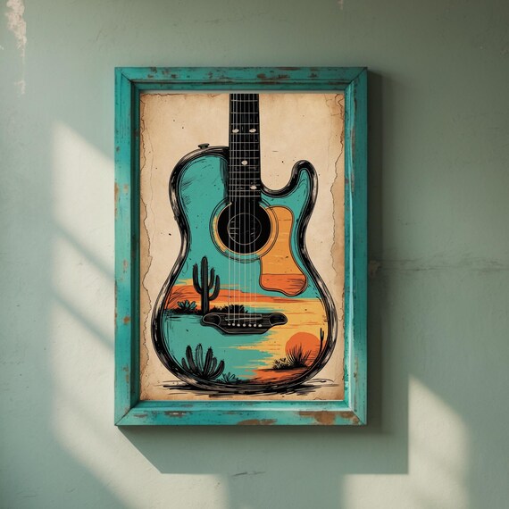Desert Sunset Acoustic Guitar Southwestern Cactus Music Art Poster