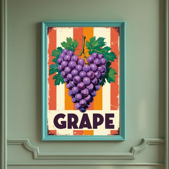 Grape Wall Art Retro Fruit Print Vintage Kitchen Poster Purple Illustration Summer