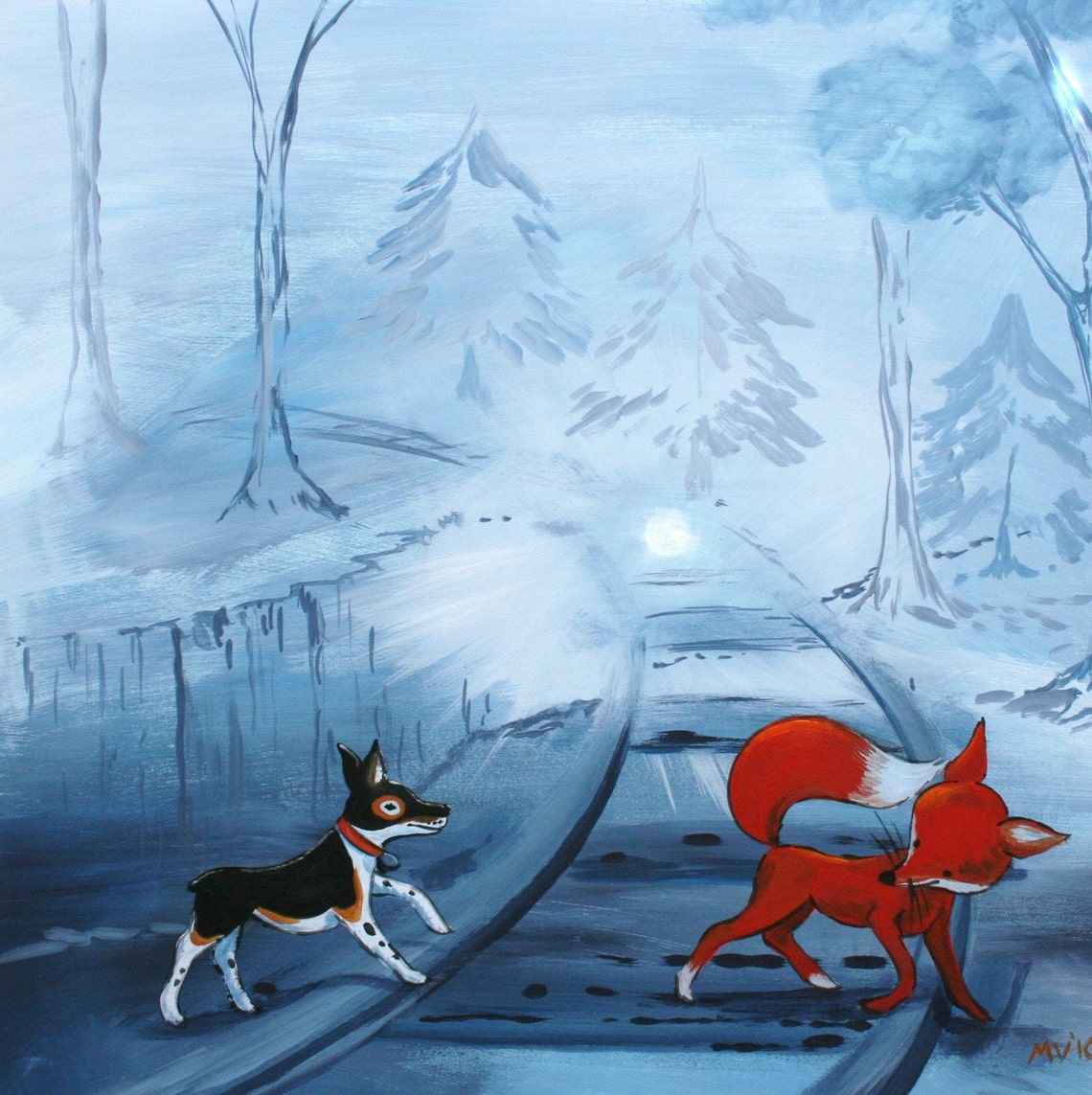 Red Fox Meeting Dog Under Moonlit Snowy Winter Pine Forest Poster