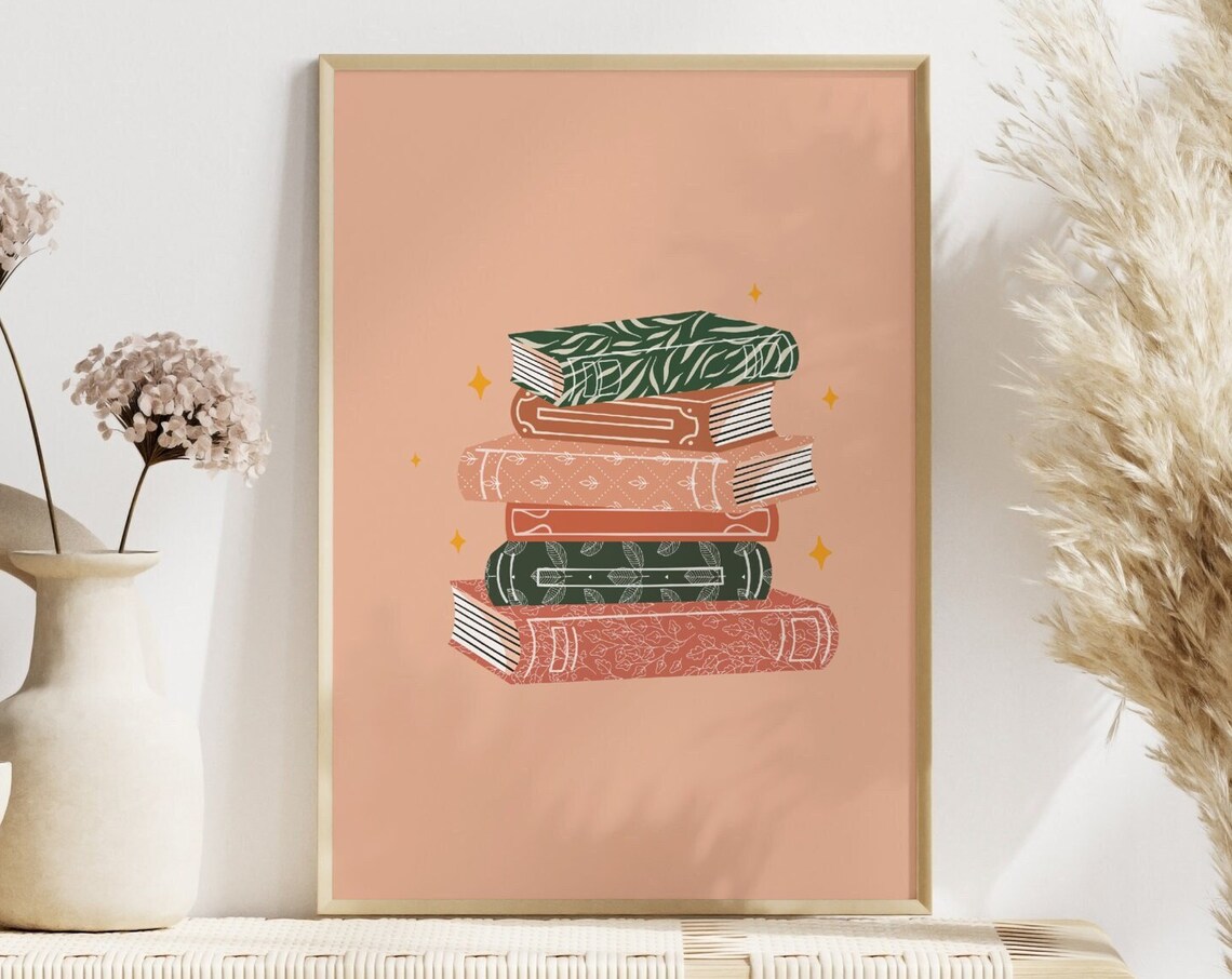 Pink Book Stack Literary Poster, Bookish Art Print
