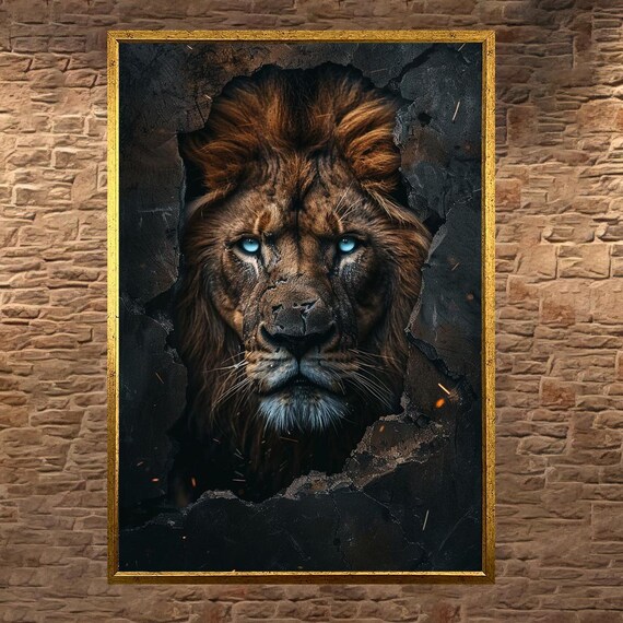 Fierce Lion Emerging Through A Cracked Wall Blue Eyes Art Poster