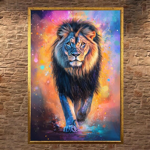 Colorful Lion Walking Forward Through Bright Splash Paint Poster