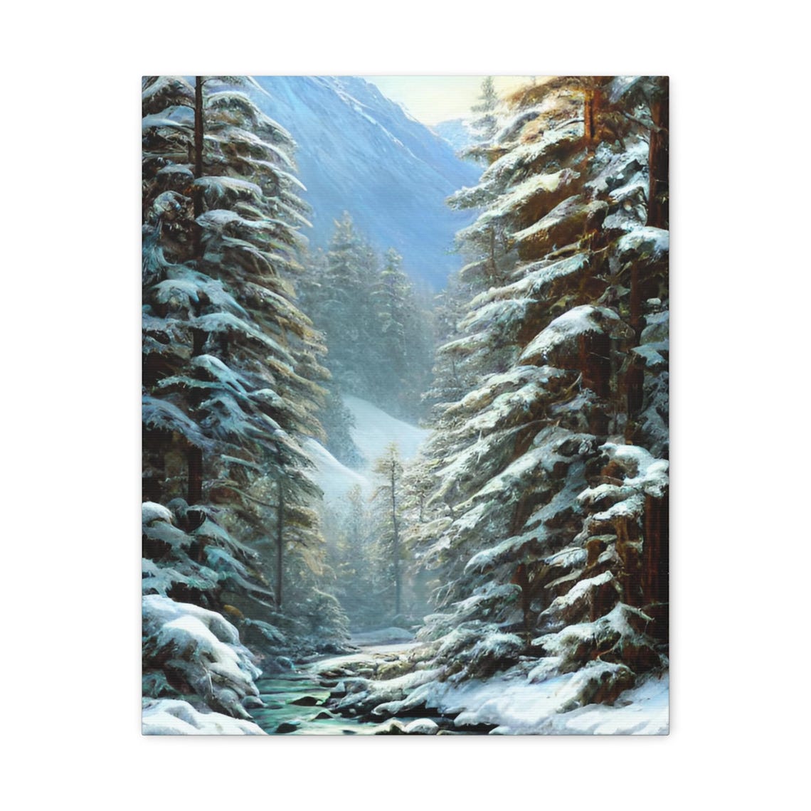 Winter Forest Snow Covered Pines Quiet Mountain Stream Poster