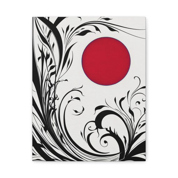 Abstract Floral Canvas Wall Art Red Sun Black Swirls
