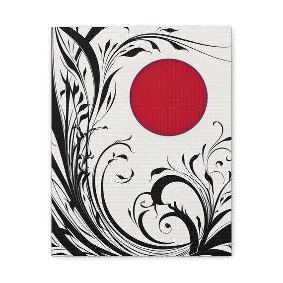 Red Sun Circle Black Botanical Swirls Abstract Floral Art Poster