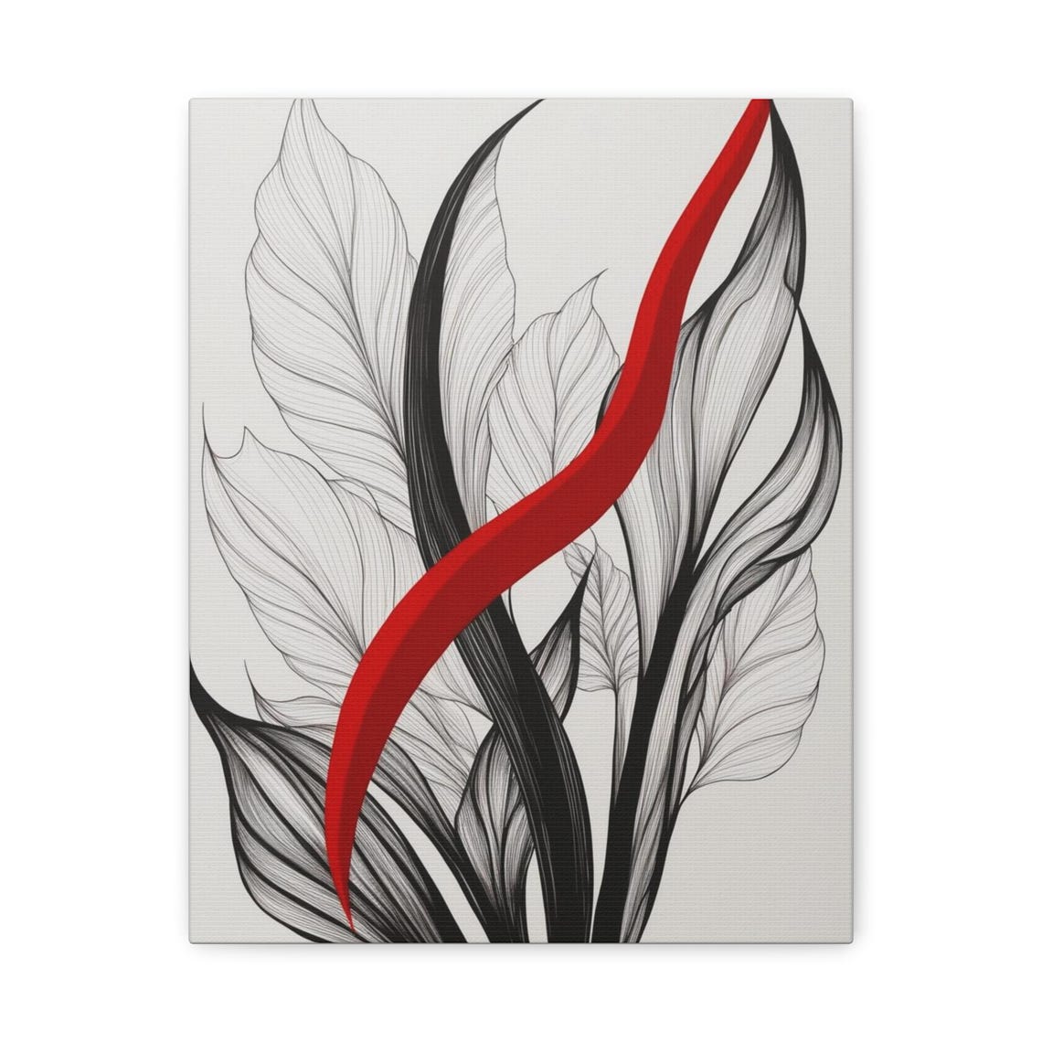 Black White Botanical Leaves Bold Red Ribbon Accent Art Poster