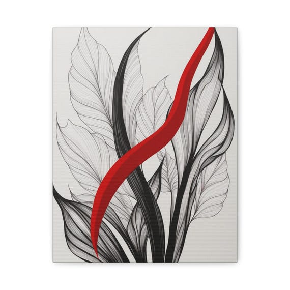 Abstract Floral Line Art Canvas Print Red Accent Modern Home Decor