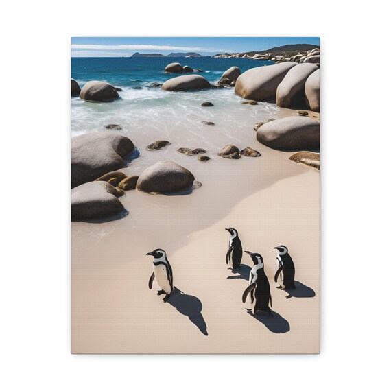 Penguins Rocky Shore Beach Ocean Waves Wildlife Nature Art Poster