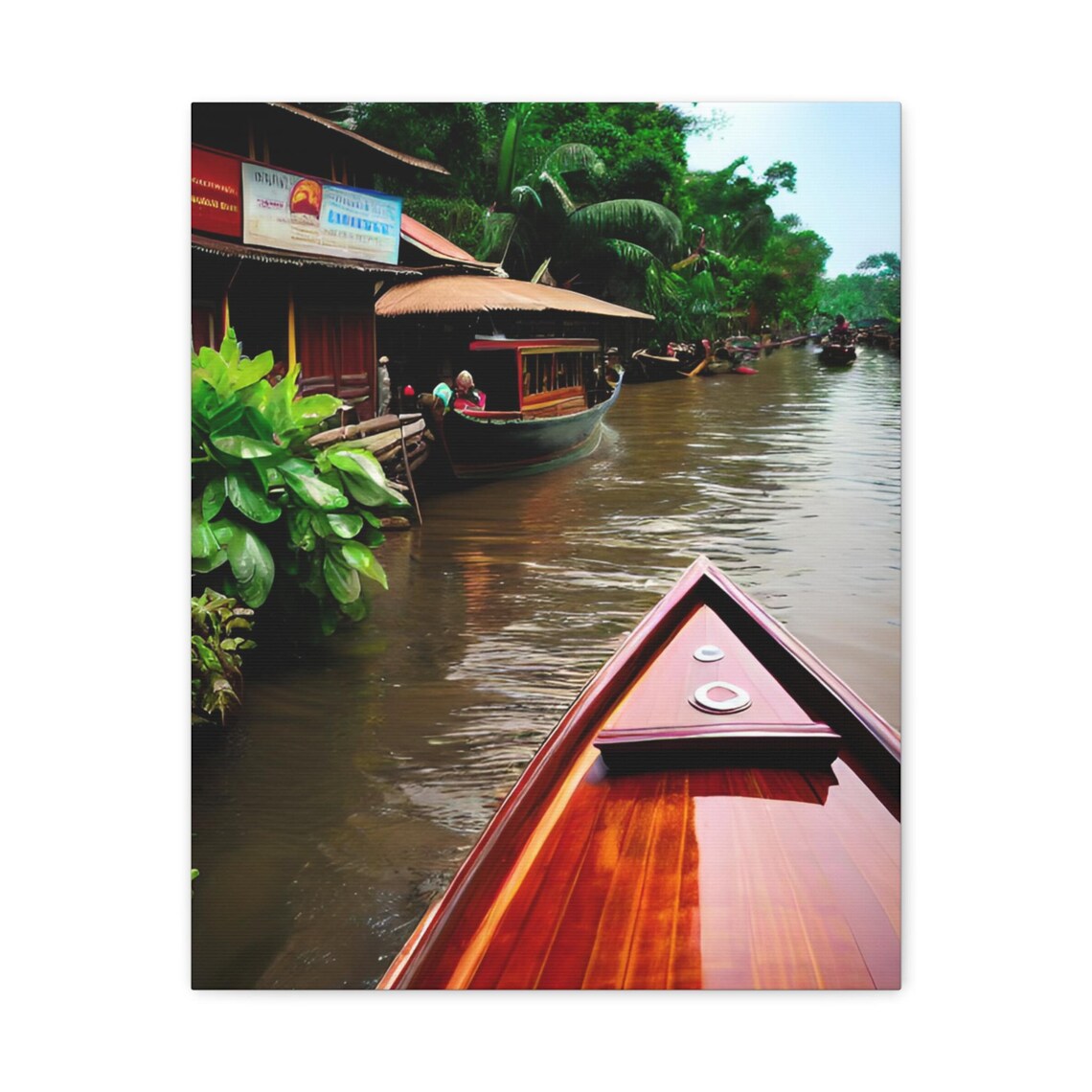 Floating Market Boats Along Busy River With Wooden Shops Poster