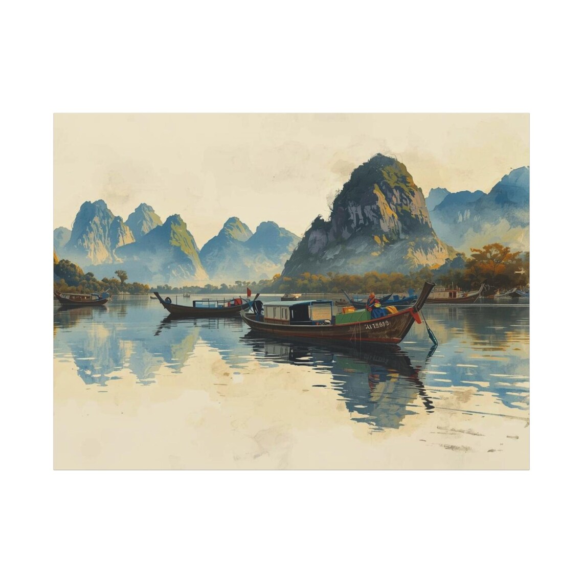Thailand Watercolor Longtail Boats Misty Karst Mountain Poster
